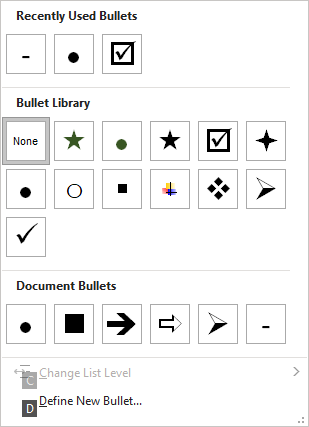 Bullets drop-down menu in Microsoft Word.
