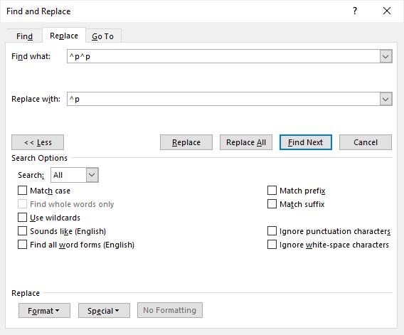 Remove paragraph marks or hard returns in Word using Find and Replace dialog box.