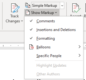 Show or hide comments in Word using the Show Markup drop-down menu.