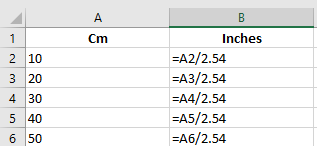 Convert cm to inches in Excel by dividing.