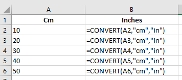 Convert cm to inches using the Convert function in Excel.