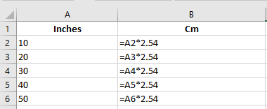 Convert inches to cm in Excel by multipying.