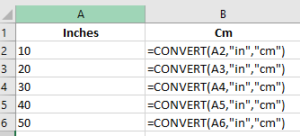 Convert inches to cm in Excel using the Convert function.