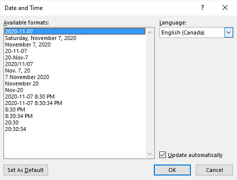 Insert date field dialog box in MIcrosoft Word to insert today's date.