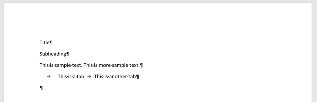 Sample Word document with Show or HIde Paragraph Marks or Symbols turned on.