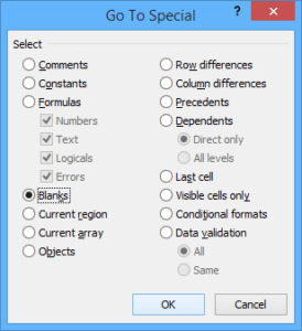 Go to Special dialog box in Excel to find blanks and fill with zeros, dashes or other values.