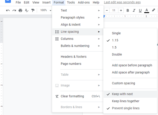 Keep lines together in menu in Google Docs.