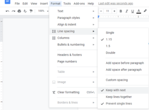 Keep paragraphs together in Google Docs using Keep with next or Keep lines together.