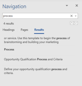 Navigation pane in Word with text entered in the Search box.