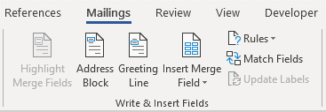 Address block command in the Mailings tab in Word for label mail merge.
