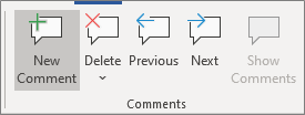 Delete command in the Ribbon to delete comments in Word.