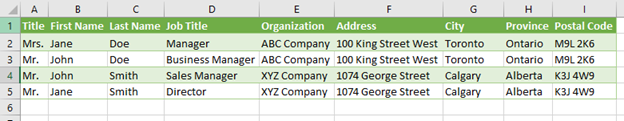 Excel source worksheet for label mail merge with Word.