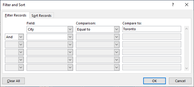 Filter and sort mail merge dialog box in Word.