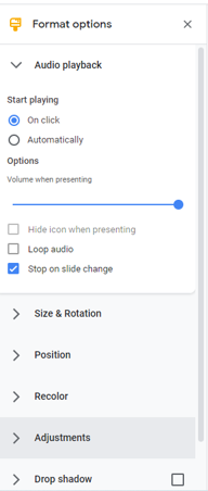 Format options panel with audio playback options in Google Slides.