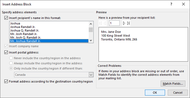 Insert address block dialog box in Word for label mail merge.