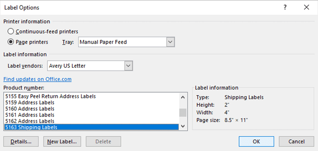 Label options dialog box in Word for address label mail merge.