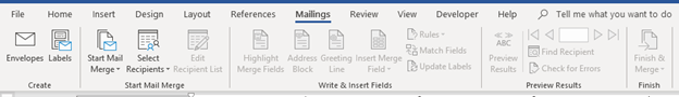 Mailings tab in the Ribbon in Word to create label mail merge.