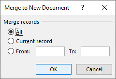 Merge to new document dialog box for label merge in Word.