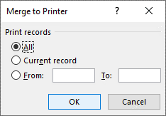 Merge to printer dialog box for label merge in Word.