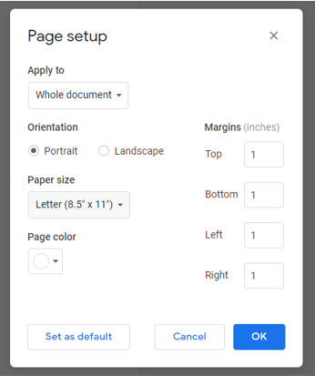 Page setup dialog box in Google Docs to change margins.
