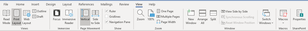 View tab in the Word Ribbon to display Navigation Pane.
