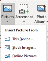 Insert picture drop down menu in PowerPoint with options for stock images, online pictures and inserting from a device.