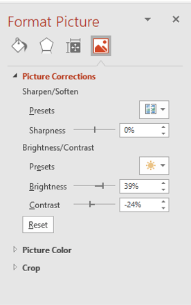 Format picture task pane in PowerPoint to change picture brightness or contrast.