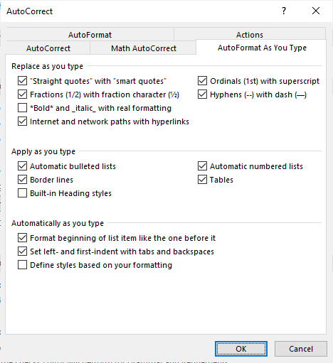 Autocorrect dialog box in Word to stop automatic bullets or numbering.