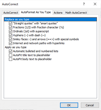 Autofit options in PowerPoint in Autoformat As You Type tab of Autocorrect options.