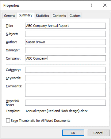 Advanced properties dialog box in Word.