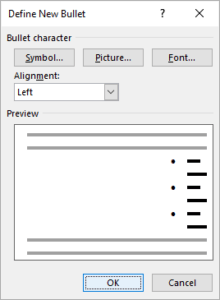 Define new bullet dialog box in Microsoft Word.