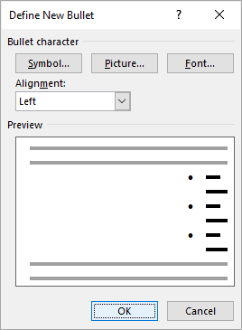 Define new bullet dialog box in Microsoft Word.