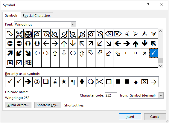 Insert Symbol dialog box in Word with check mark selected.