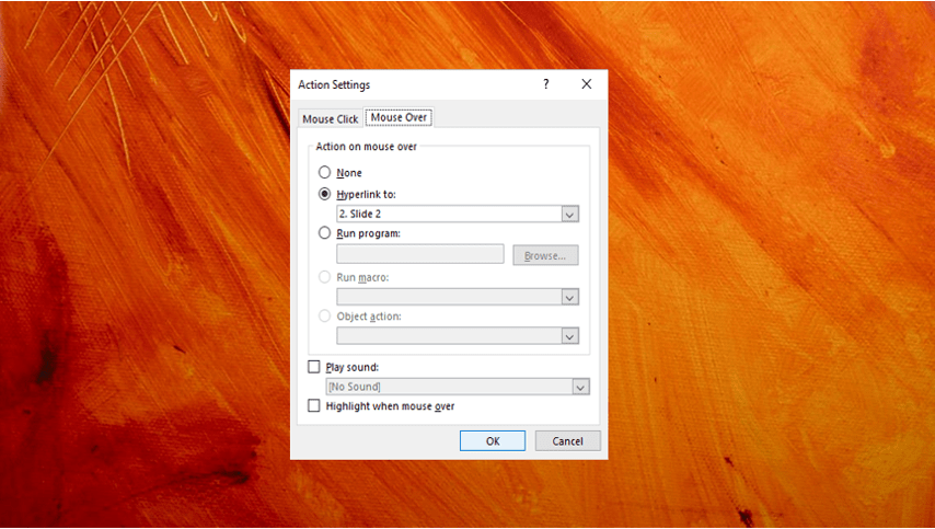 Mouse over or hover over effect in PowerPoint to create a pop-up represented by the Action Settngs dialog box.