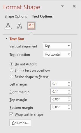 Format shape task pane in PowerPoint with options to turn Autofit off or on.