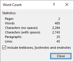 Word count dialog box in Microsoft Word to view word, character, page and paragraph count.