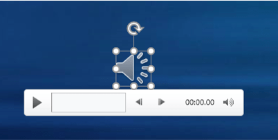 Audio icon on a PowerPoint slide is selected with media controls below.