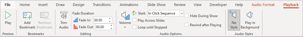 Audio Playback tab in the Ribbon in PowerPoint to control audio.