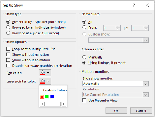 Set up show dialog box in PowerPoint to change laser pointer color.