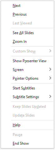 Context menu in PowerPoint to display laser pointer.