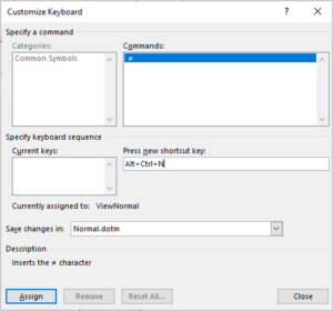 Customize dialog box in Word to add keyboard shortcuts to not equal sign.