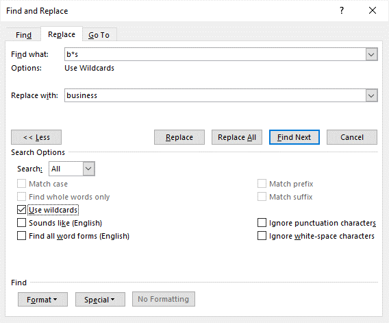 Find and replace in Word using the Replace dialog box and wildcards.