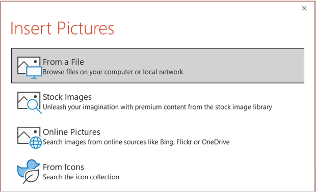 Insert Pictures dialog box in PowerPoint to change video thumbnail.