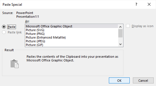 Paste Special dialog box in PowerPoint for a shape.