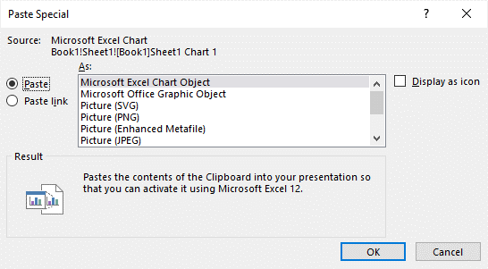 Paste Special dialog box in PowerPoint for an Excel chart.
