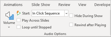Start settings on Audio Playback tab in the Ribbon in PowerPoint.