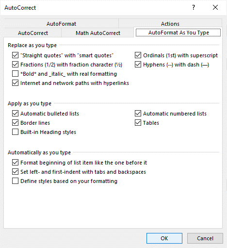 AutoFormat As You Type dialog box in Word to turn off automatic formatting.