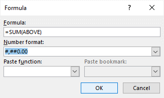 Function dialog box in Word to insert function in a Word table.