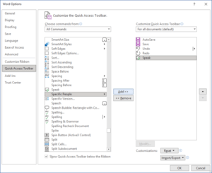 Adding Speak to the Quick Access Toolbar in the Word Options dialog box.