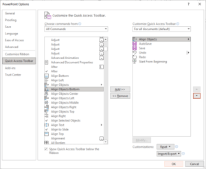 PowerPoint Options dialog box to add alignment commands to Quick Access Toolbar.